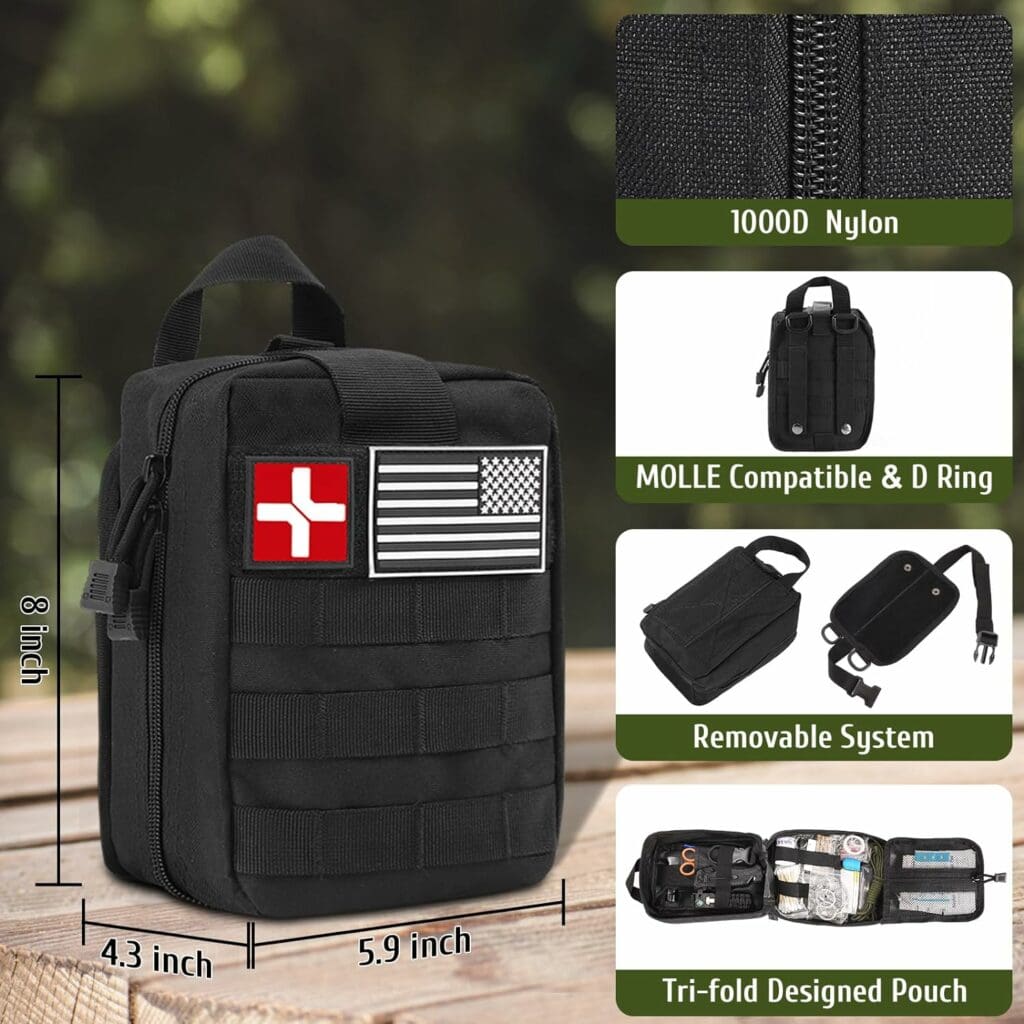 170 PCS Survival First Aid Kit, Tactical Trauma Kit with Essential Gear Emergency Medical Supplies for Hiking Camping Backpacking Outdoor Adventure (Black)