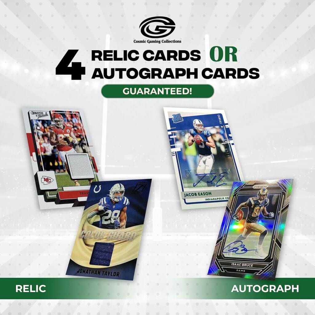 Deluxe Football Card Mystery Box | 100x Official Cards | 10x Hall of Famers | 10x Rookies | 4X Autograph or Relic Cards Guaranteed | by Cosmic Gaming Collections