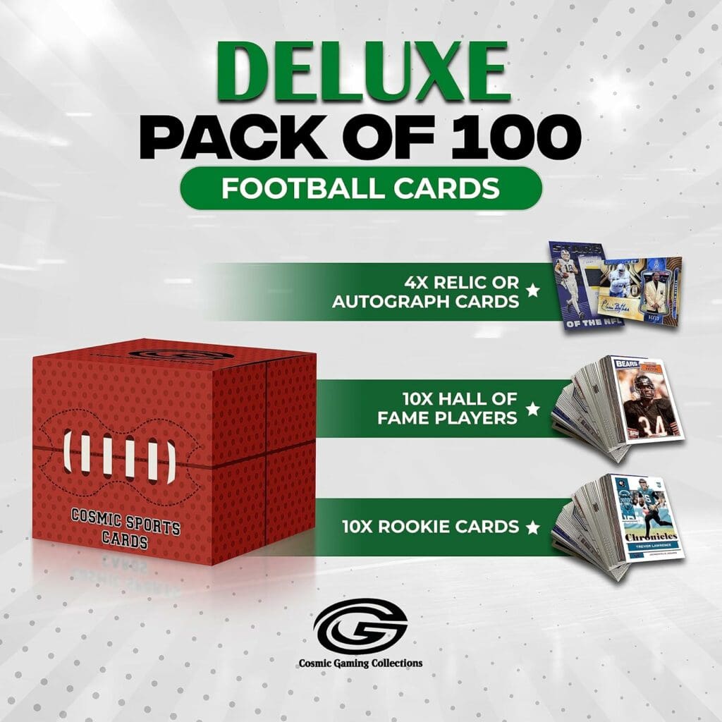 Deluxe Football Card Mystery Box | 100x Official Cards | 10x Hall of Famers | 10x Rookies | 4X Autograph or Relic Cards Guaranteed | by Cosmic Gaming Collections