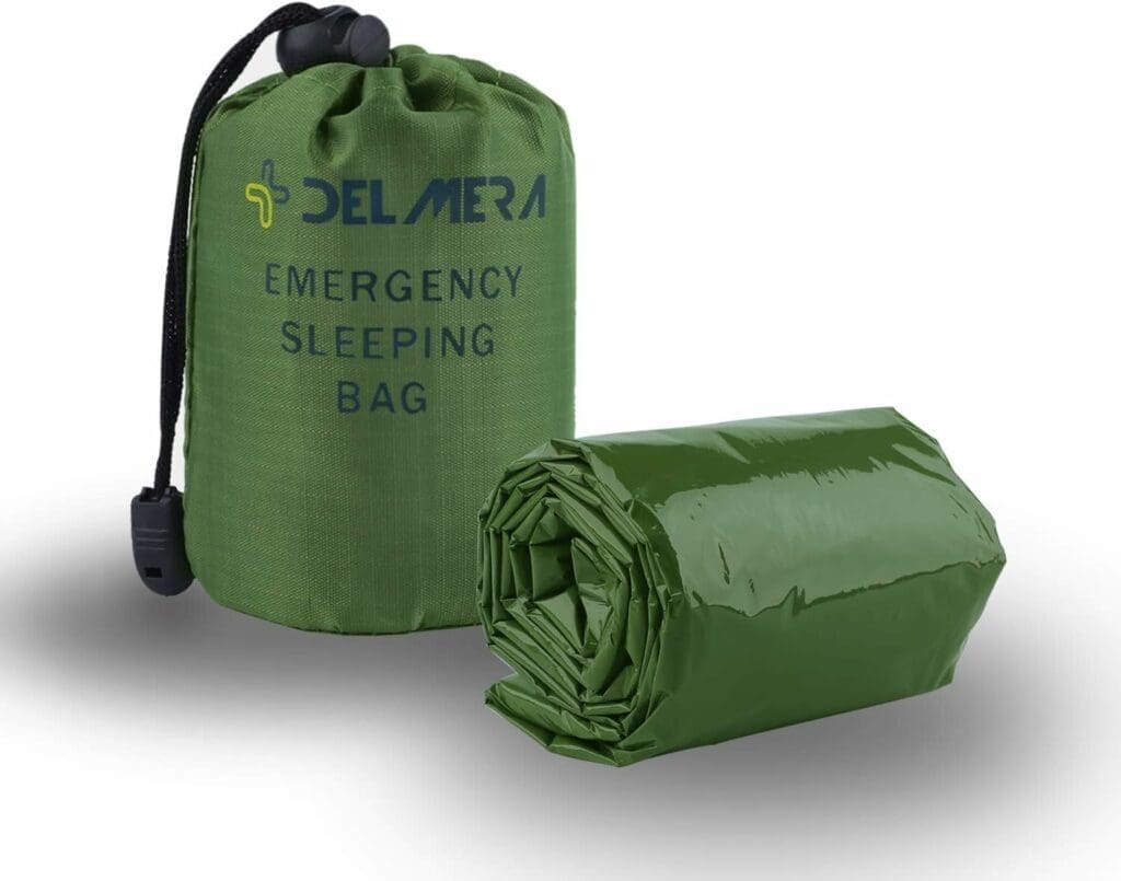 Delmera Emergency Sleeping Bag, Lightweight Survival Sleeping Bags Waterproof Thermal Emergency Blanket, Bivy Sack Survival Gear for Outdoor Adventure, Camping, Hiking, Orange, Green