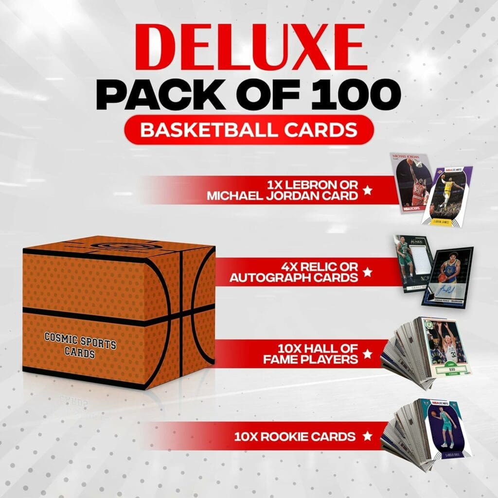 Deluxe NBA Basketball Cards 2023 Mystery Box | 100x Official NBA Cards | 10x Hall of Famers | 10x Rookies | 1x Lebron or Jordan | 4X Autograph or Relic Cards Guaranteed | Kobe Bryant Cards