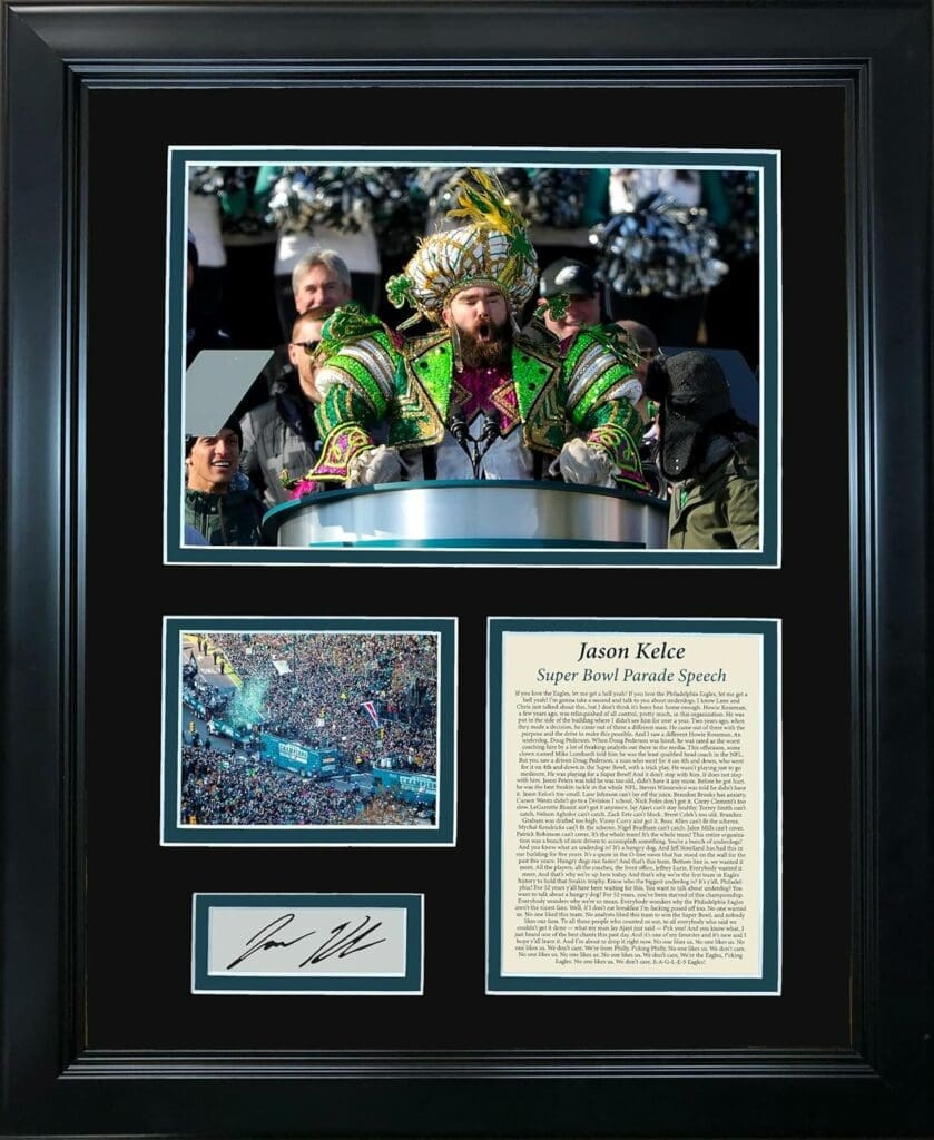 Framed Jason Kelce Parade Speech Transcript Philadelphia Eagles Super Bowl LII Facsimile Laser Engraved Signature Auto Football 12x15 Photo Collage