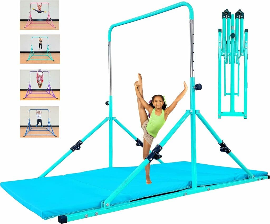 MARFULA Upgrade Foldable Gymnastic Bar with Mat for Kids Ages 3-12, 200 lbs Weight Capacity, Gymnastic Kip Bar Horizontal Bar for Kids, Gymnastic Training Equipment for Home and Gymnastic Center Use