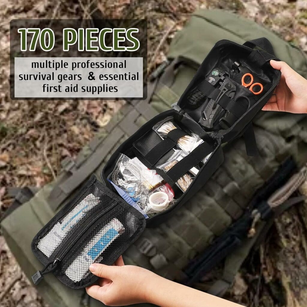 Survival First Aid Kit, Tactical Trauma Kit with Essential Gear Emergency Medical Supplies for Hiking Camping Backpacking Outdoor Adventure