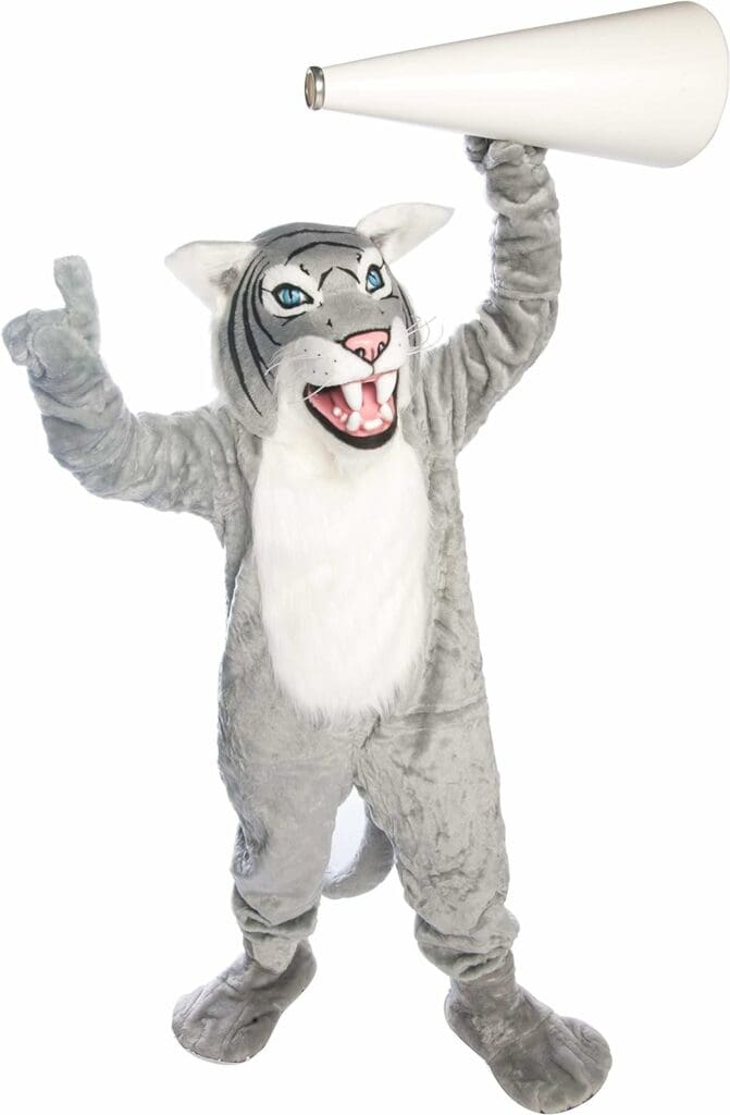 TCDesignerProducts Wild Cat Mascot Costume Grey and White, School Spirit Sports Fan Gear, Football Cheerleader Accessories, Homecoming