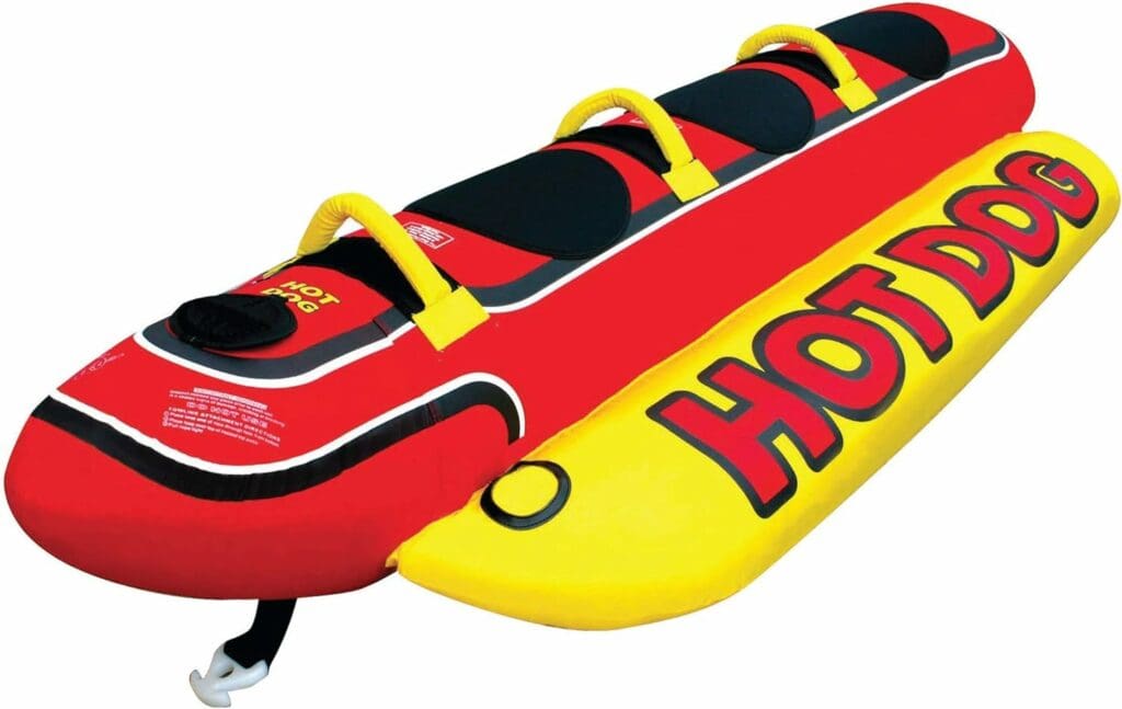 AIRHEAD HD-3 Hot Dog Triple Rider Towable Inflatable 3 Person Boat Lake Tube with Tow Point, Handles, and Double Stitched 840-Denier Nylon Cover