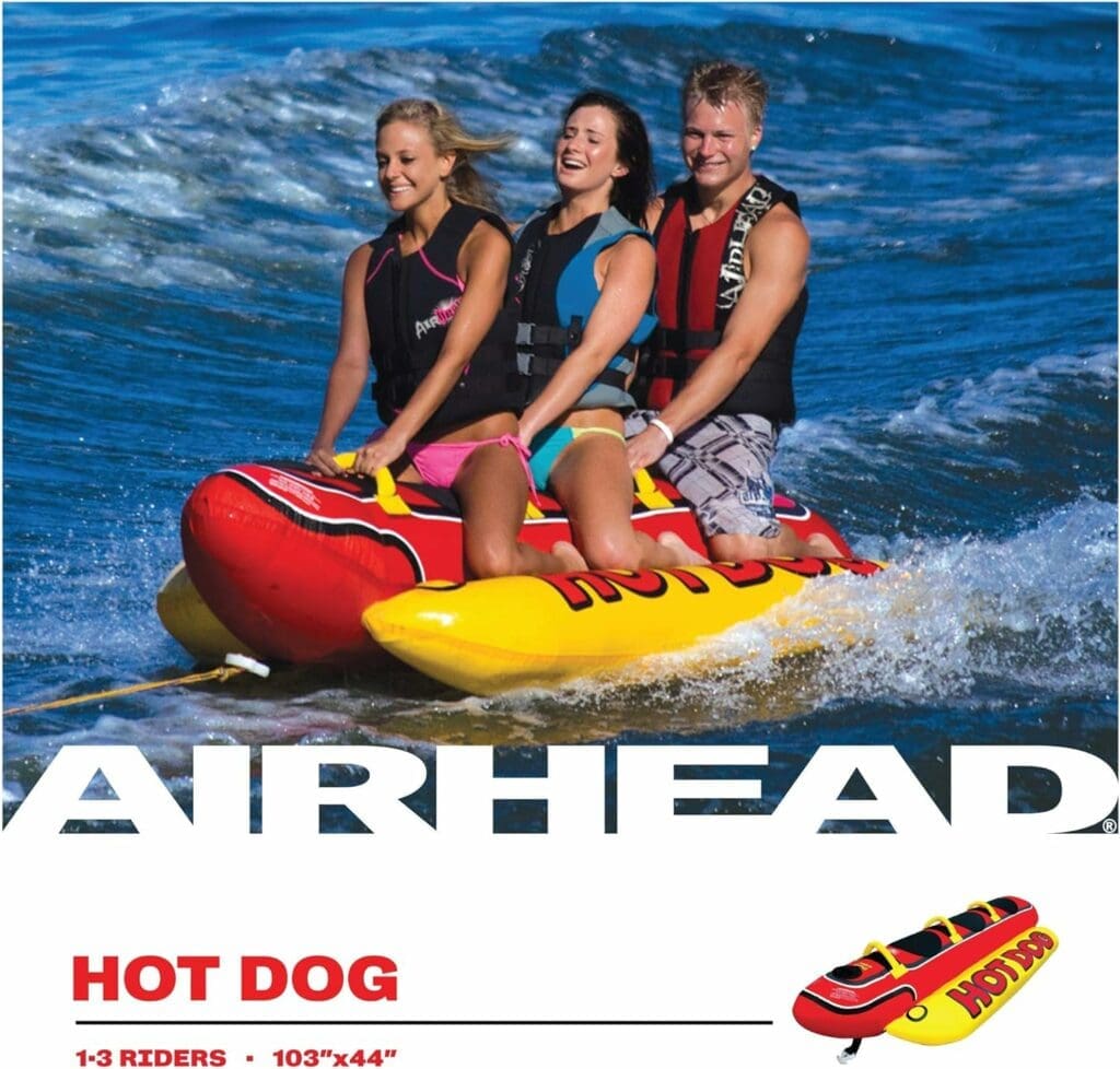 AIRHEAD HD-3 Hot Dog Triple Rider Towable Inflatable 3 Person Boat Lake Tube with Tow Point, Handles, and Double Stitched 840-Denier Nylon Cover