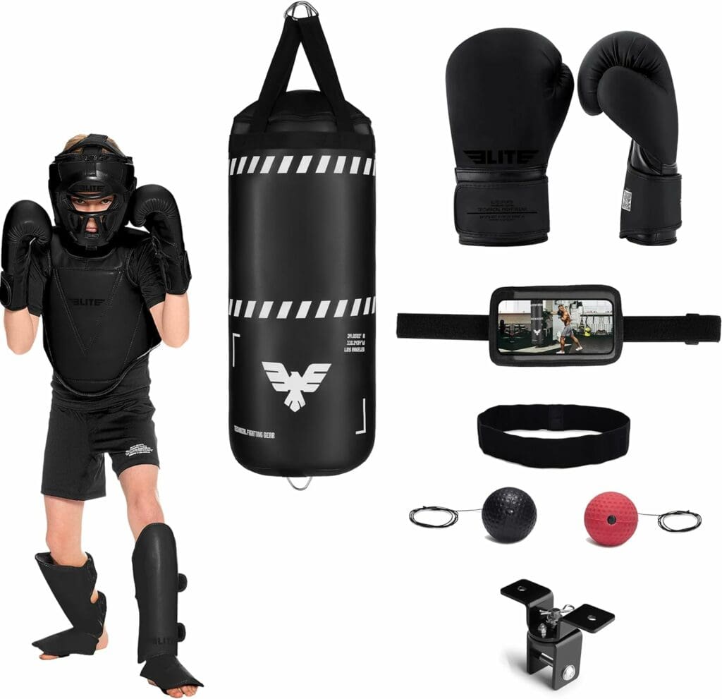 Elite Sports Boxing Punching Bag Set for Kids - 2.5 ft Leather Kids Punching Bag for Teens Heavy Boxing Bag Kit for Youth