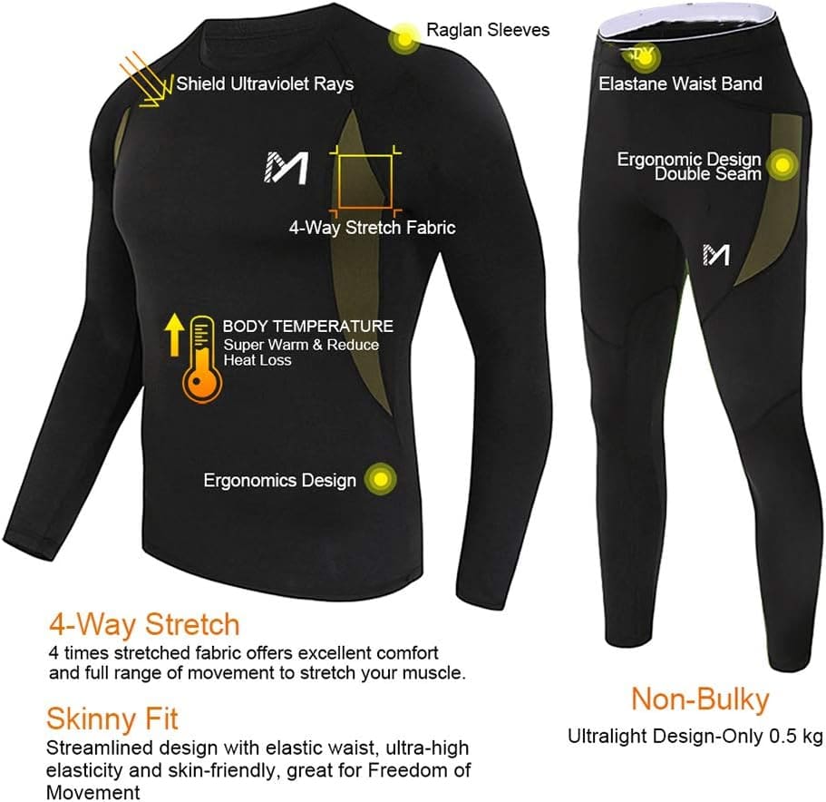 MEETYOO Thermal Underwear for Men, Winter Gear Long Johns Base Layer Top and Bottom Set for Skiing Running