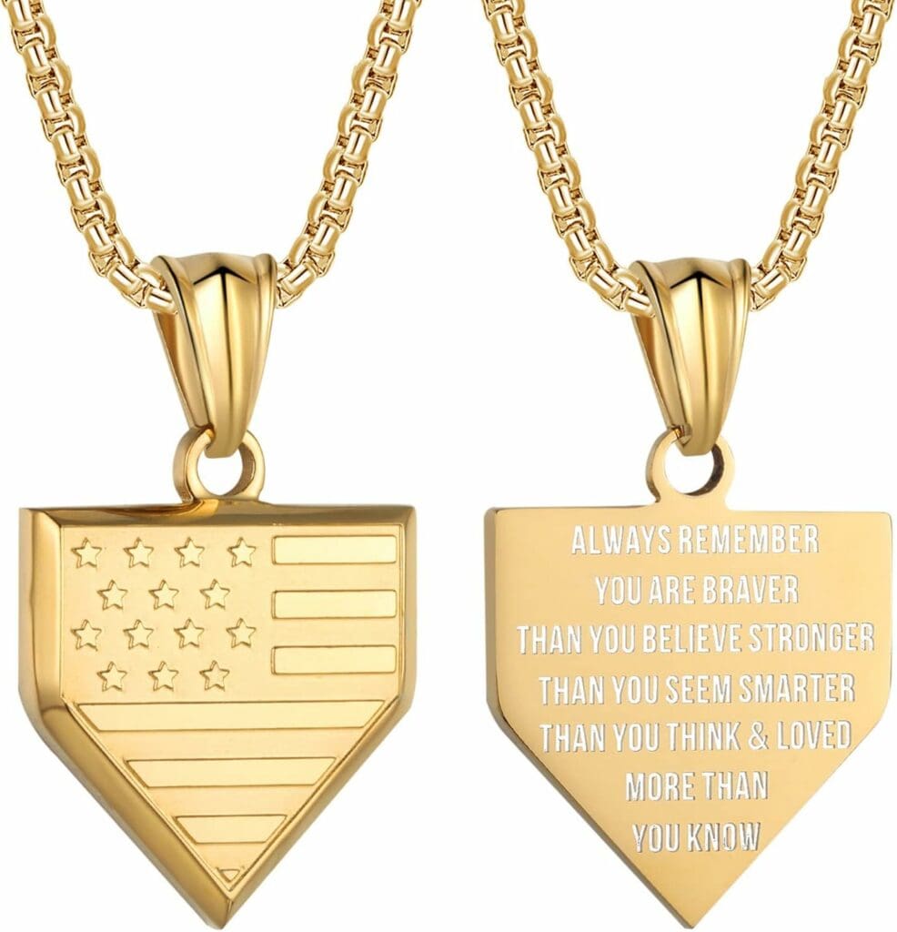 ZRAY USA Flag Baseball Plate Necklace for Men Personalized Bible Verse Shield Pendant Stainless Steel Chain 22+2 inch Inspirational Baseball Sport Gift Patriotic Jewelry for Boys