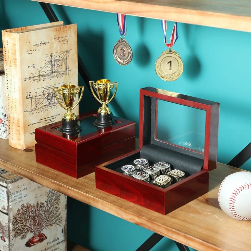 Soaoo 2 Pack Wooden Ring Display Case Championship Ring Display Case Baseball Ring Holder Wood Ring Box Championship Ring Box for Single Multiple Ring Display Basketball Baseball Sports (7 Slots)