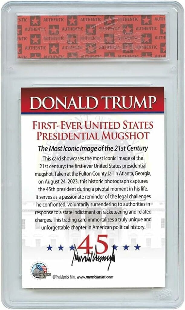 Trump Mugshot Collector Trading Card - Graded Gem Mint 10 - Trump Collectibles, Trump Gifts, Trump 2024, Perfect Patriotic  Political Donald Trump Gifts. Proudly Made in America!