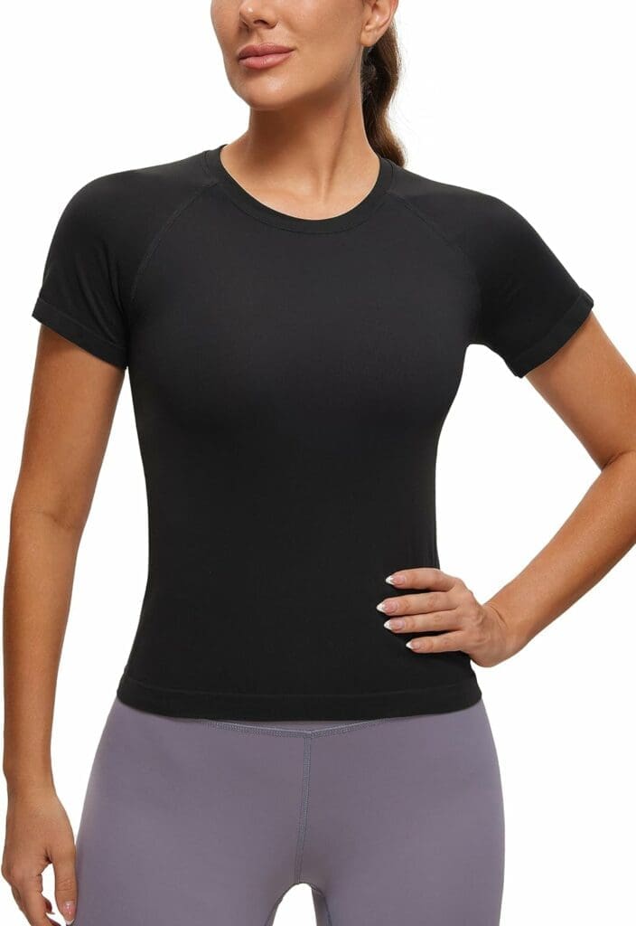 CRZ YOGA Womens Seamless Workout Tops Breathable Short Sleeve Gym Shirts Running Yoga Athletic T-Shirts