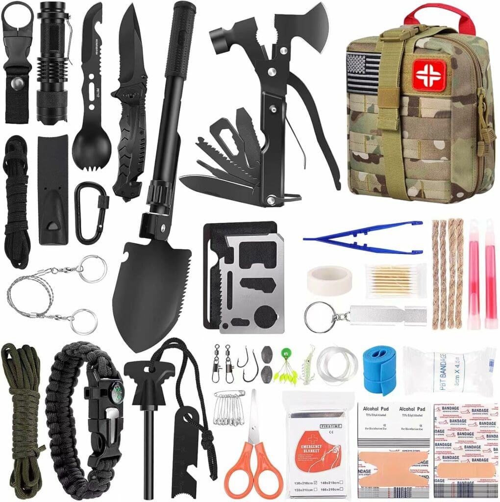 LUXMOM Survival Kit and First Aid Kit, 142Pcs Professional Survival Gear and Equipment with Molle Pouch, for Men Camping Outdoor Adventure/Gifts for Men Dad Christmas