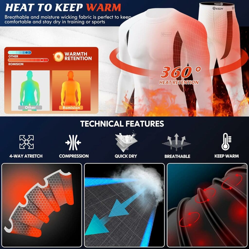 romision Thermal Underwear for Men, Fleece Base Layer Top  Bottom Set, Insulated Long Johns for Cold Weather Hunting