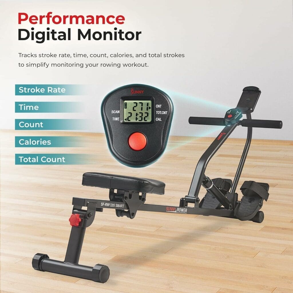 Sunny Health  Fitness Compact Adjustable Rowing Machine with 12 Levels of Adjustable Resistance with Optional SunnyFit® App Enhanced Bluetooth Connectivity
